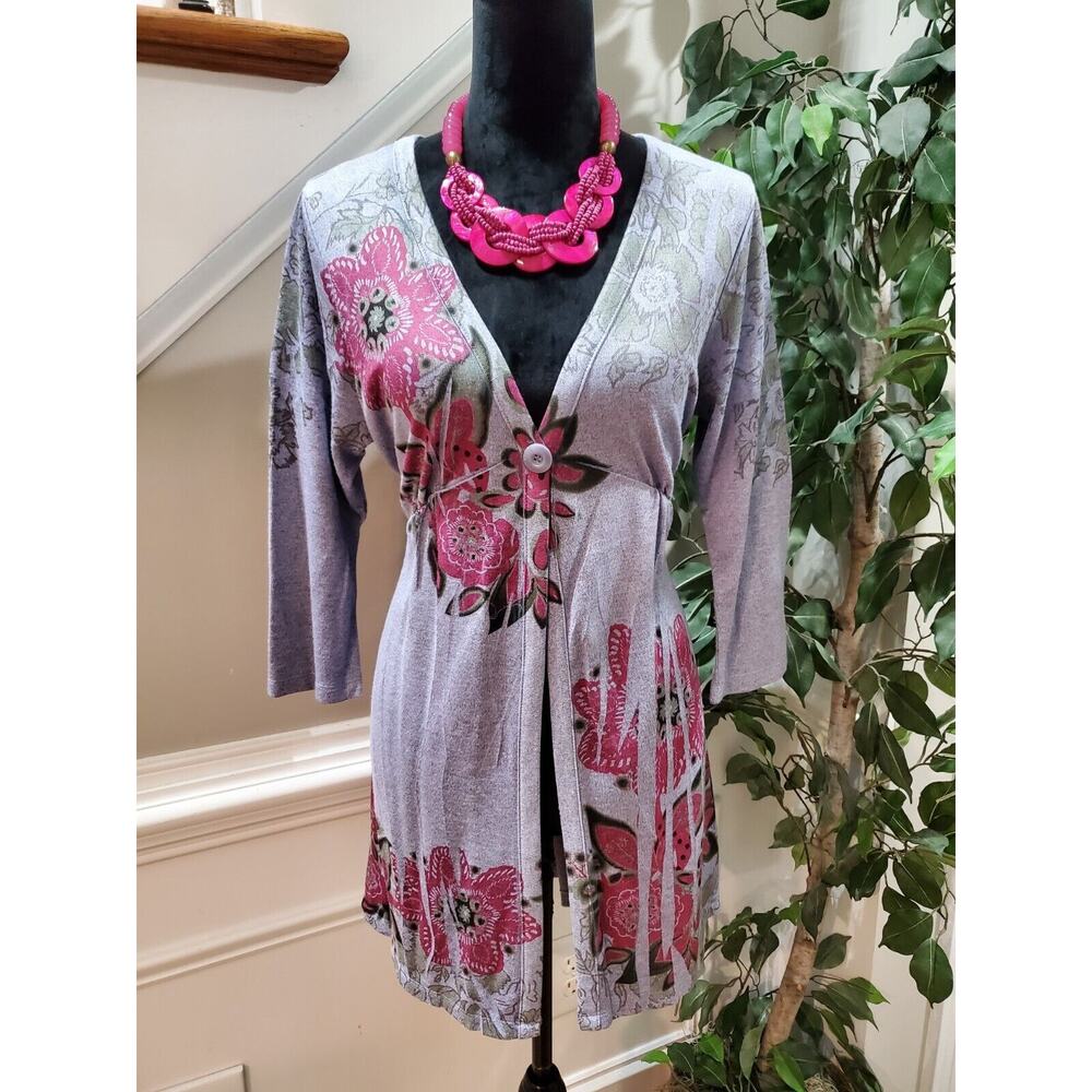 Ashley Blue Women's Gray Floral Viscose Long Sleeve Cardigan Sweater Size XL